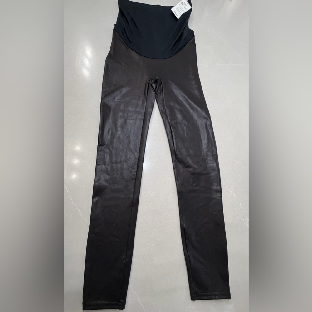 NWT SPANX Mama Black Faux Leather Over the Bump Maternity Leggings, L